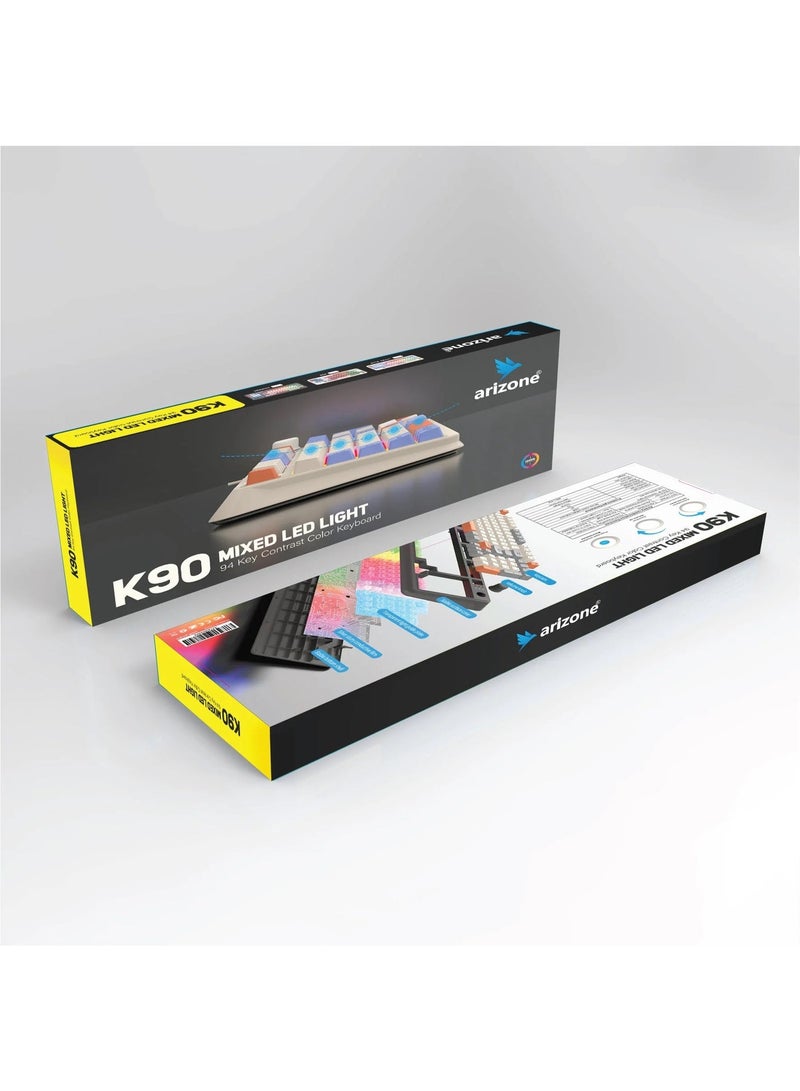 أريزون لوحة مفاتيح الألعاب Arizona K90 بإضاءة LED مختلطة – لوحة مفاتيح ميكانيكية مدمجة بـ 94 مفتاحًا مع إضاءة RGB، ومقبض للتحكم في مستوى الصوت، ومنفذ USB سلكي - Image 2