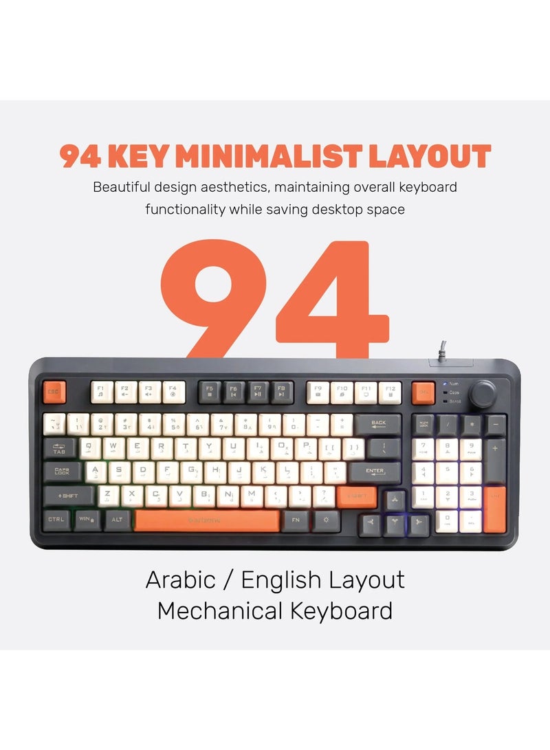 أريزون لوحة مفاتيح الألعاب Arizona K90 بإضاءة LED مختلطة – لوحة مفاتيح ميكانيكية مدمجة بـ 94 مفتاحًا مع إضاءة RGB، ومقبض للتحكم في مستوى الصوت، ومنفذ USB سلكي - Image 5