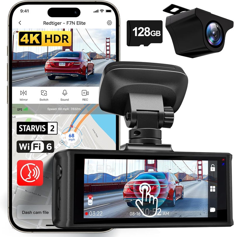 REDTIGER 4K HDR Dash Cam Front and Rear with STARVIS 2 Sensor, 5.8GHz WiFi, 3.18" Touchscreen, Voice Control, 128GB Card Included, WDR, GPS, 24H Parking Mode (F7N Elite) - Image 1