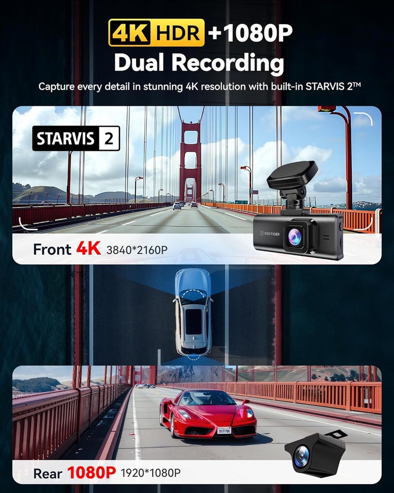 REDTIGER 4K HDR Dash Cam Front and Rear with STARVIS 2 Sensor, 5.8GHz WiFi, 3.18" Touchscreen, Voice Control, 128GB Card Included, WDR, GPS, 24H Parking Mode (F7N Elite) - Image 2