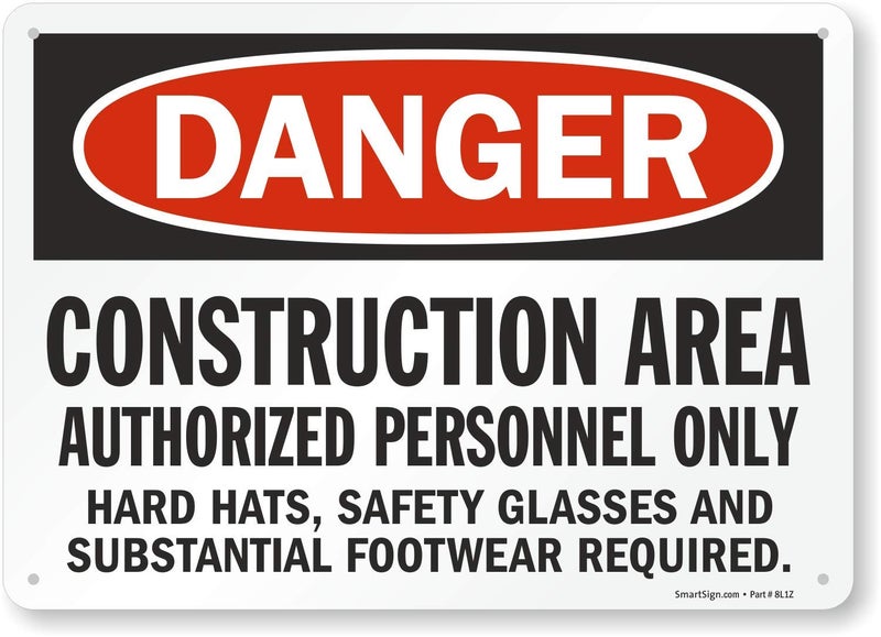 SmartSign - S-8968-Pl-14 "Danger - Construction Area, Authorized Personnel Only" Sign | 10" x 14" Plastic Black/Red on White