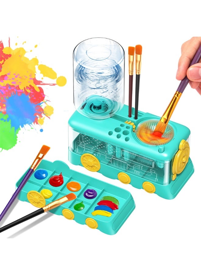 Kids Paint Brush Cleaner Machine | Train-Shaped Automatic Brush Washer with Water Circulation & Color Palette | Art Tool for Children, Artists & Classroom—Green