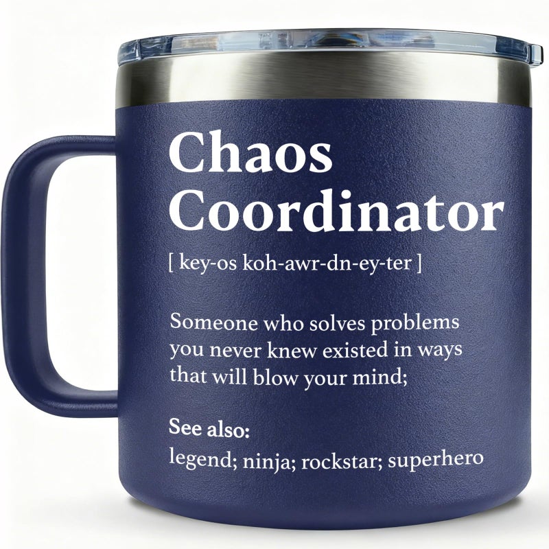 WECACYD Teacher Employee Appreciation Gifts for Mens  Thank You Gifts for Men Army Male Teacher Boss Coworker Bus Driver Mentor Job Promotion  14oz Chaos Coordinator Mug Navy Blue