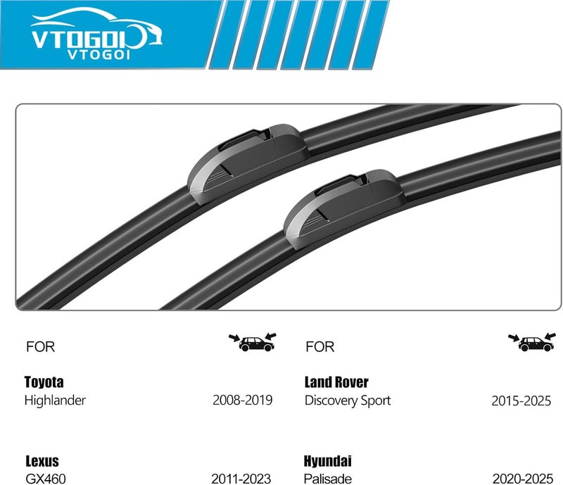 VTOGOI Wiper Blades With Rear Wiper Blades Set For 2008-2019 Toyota Highlander,Automotive Replacement Windshield Wiper Blades, That Meet OEM Quality Easy DIY Install 26"+20"+12" (Set of 3) - Image 3