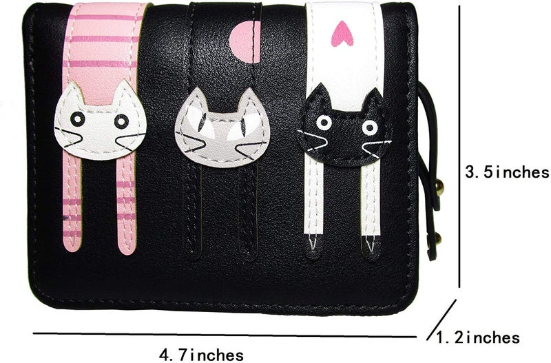 Nawoshow Women Cute Cat Wallet Coin Purse Bifold Wallet Clutch Bag (A-Black) - Image 3