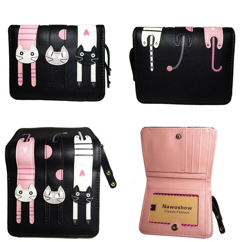 Nawoshow Women Cute Cat Wallet Coin Purse Bifold Wallet Clutch Bag (A-Black) - Image 2