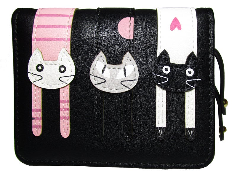 Nawoshow Women Cute Cat Wallet Coin Purse Bifold Wallet Clutch Bag (A-Black) - Image 1