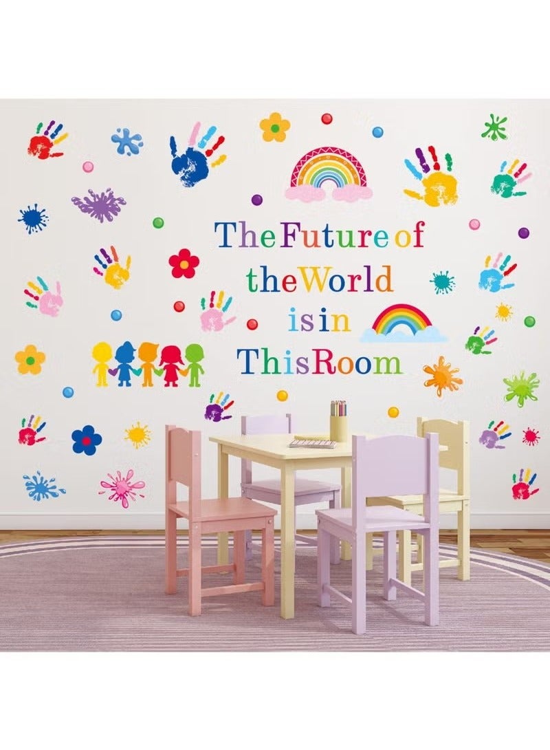 7 Sheets Colorful Wall Stickers, Kids Inspirational Quotes & Handprint Wall Decals Décor Self-Adhesive Rainbow Wall Stickers Kids Wall Stickers for Classroom/Library/Kids Bedroom - Image 1