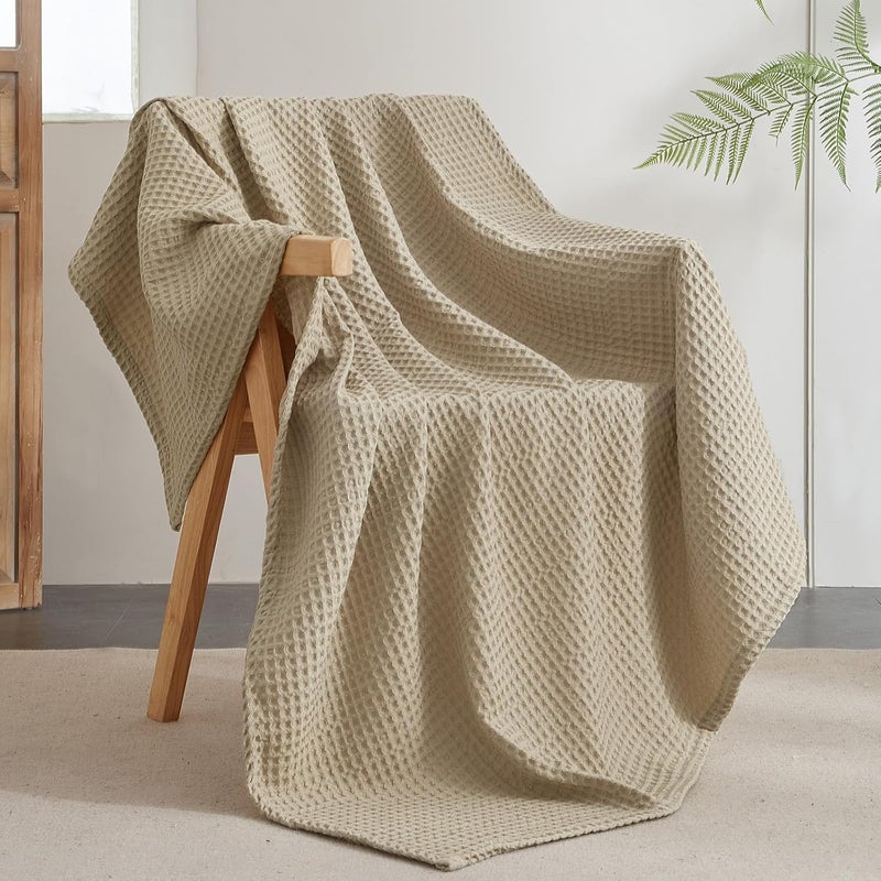 PHF Ultra Soft 400gsm Waffle Weave Throw Blanket (127cm x 152cm), Cozy Woven Blanket for Bed, Decor, Sofa, Dark Khaki - Image 1