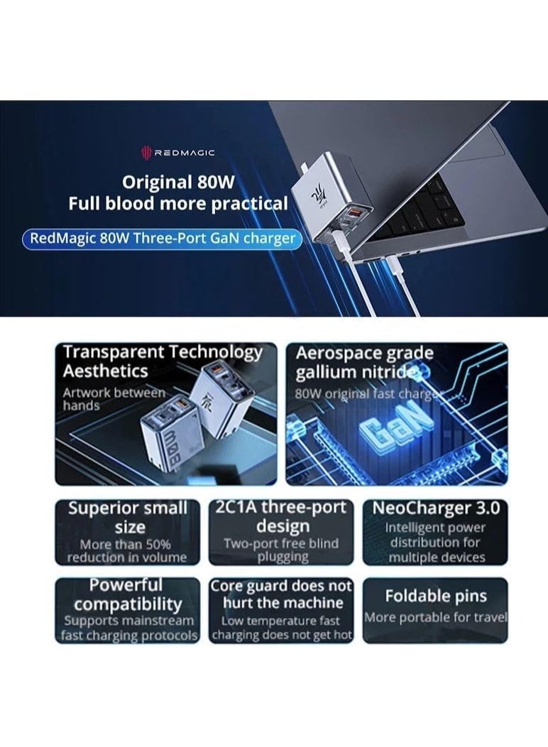 RedMagic Fast Charger 80W, Three-Port Compact Design, Foldable Pins, NeoCharger 3.0, For Redmagic Astra, Nova, iPad, Tablets, Macbook, Laptops - with cable -  (US Version) - Image 2