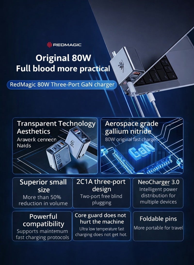 ريد ماجيك شاحن ريد ماجيك ٨٠ واط السريع ، بتصميم صغير مع ثلاث مخارج، ودبابيس قابلة للطي، بتقنية نيو تشارجر ٣.٠، مناسب لهواتف ريد ماجيك أسترا ونوفا، والآيباد، والأجهزة اللوحية، والماك بوك، واللابتوبات - يأتي مع سلك بقدرة ١٠٠ واط - منفذ امريكي - Image 2
