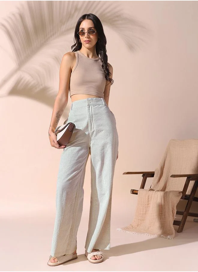 Dennis Lingo Women sage green loose fit striped cotton blend trousers with button closure- tailored to elevate your everyday.