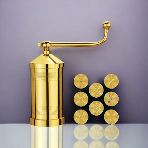 Whizzo Pure Brass Sev Sancha Machine with Free 6 Different Jali for Making Different Types of Sevaiya, Sev, Gathiya Murukku, Chakli, Bhujia Etc [900gm, Classic] - Image 2