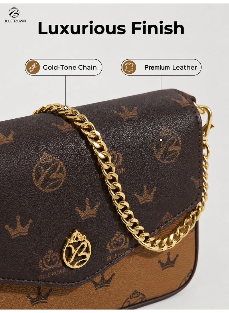 BLLE ROWN Bags for Ladies 2PCS Mini Crossbody Bag Set PU Leather Shoulder Bag for Women with Gold Chain Strap Matching Small Purse Gift for Her Coffee - Image 5