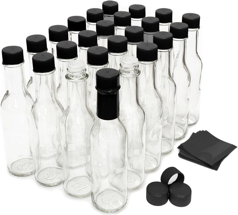 nicebottles Hot Sauce Bottles with Black Caps & Shrink Bands, 5 Oz - 24 Pack - Image 1