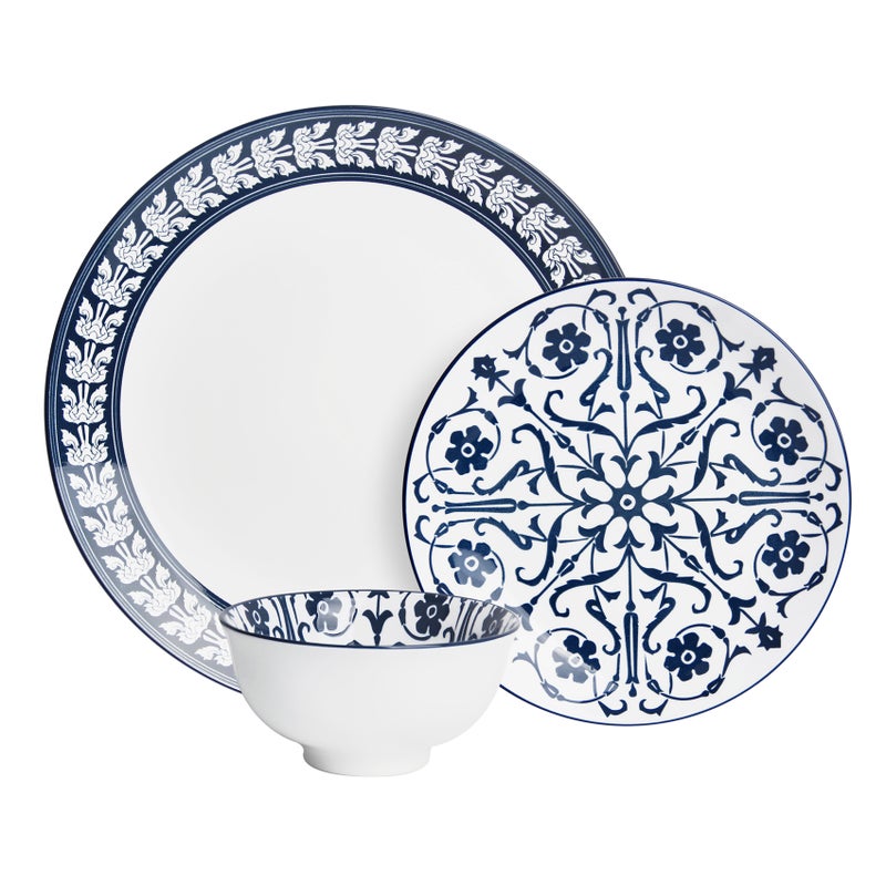 Shallow JAZY Porcelain 12 Pc Dinner Set White | Blue Floral Pattern Dinner Plates Side Plates & Bowls Dishwasher & Microwave Safe|Tableware for Ramadan Iftar Family Dining, Restaurants - Image 1