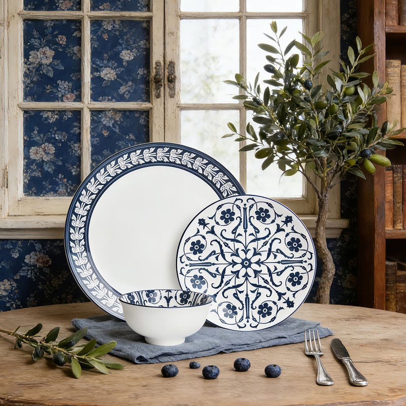 Shallow JAZY Porcelain 12 Pc Dinner Set White | Blue Floral Pattern Dinner Plates Side Plates & Bowls Dishwasher & Microwave Safe|Tableware for Ramadan Iftar Family Dining, Restaurants - Image 3