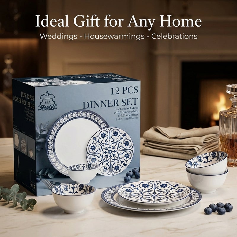 Shallow JAZY Porcelain 12 Pc Dinner Set White | Blue Floral Pattern Dinner Plates Side Plates & Bowls Dishwasher & Microwave Safe|Tableware for Ramadan Iftar Family Dining, Restaurants - Image 5
