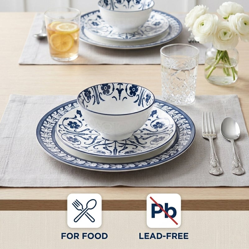 Shallow JAZY Porcelain 12 Pc Dinner Set White | Blue Floral Pattern Dinner Plates Side Plates & Bowls Dishwasher & Microwave Safe|Tableware for Ramadan Iftar Family Dining, Restaurants - Image 2