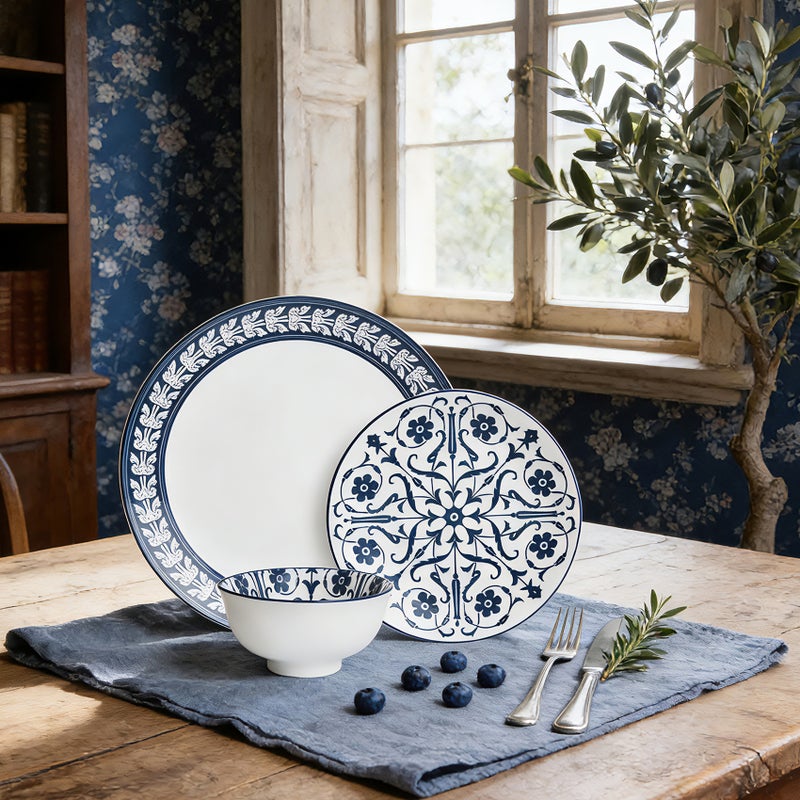 Shallow JAZY Porcelain 12 Pc Dinner Set White | Blue Floral Pattern Dinner Plates Side Plates & Bowls Dishwasher & Microwave Safe|Tableware for Ramadan Iftar Family Dining, Restaurants - Image 4