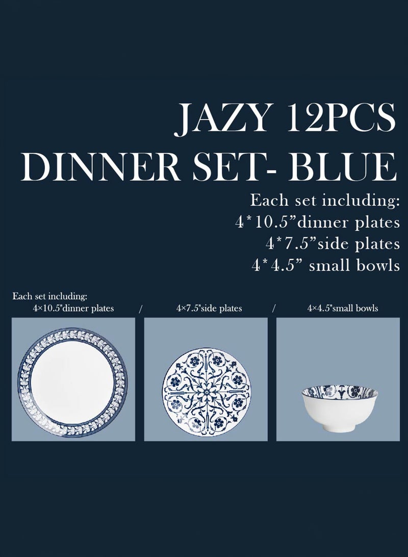 Shallow JAZY Porcelain 12 Pc Dinner Set White | Blue Floral Pattern Dinner Plates Side Plates & Bowls Dishwasher & Microwave Safe|Tableware for Ramadan Iftar Family Dining, Restaurants - Image 4