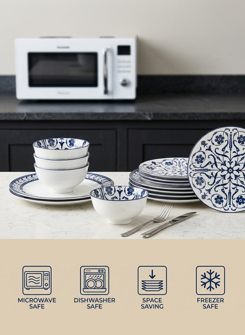 Shallow JAZY Porcelain 12 Pc Dinner Set White | Blue Floral Pattern Dinner Plates Side Plates & Bowls Dishwasher & Microwave Safe|Tableware for Ramadan Iftar Family Dining, Restaurants - Image 3