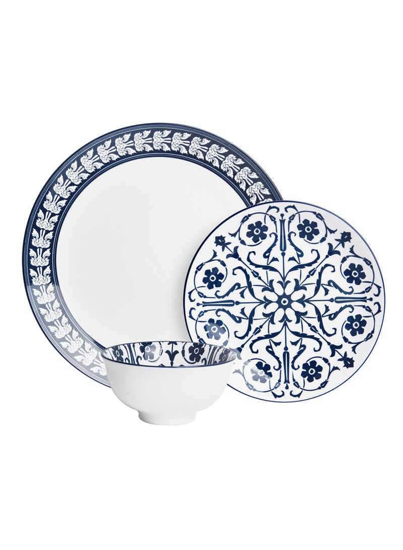 Shallow JAZY Porcelain 12 Pc Dinner Set White | Blue Floral Pattern Dinner Plates Side Plates & Bowls Dishwasher & Microwave Safe|Tableware for Ramadan Iftar Family Dining, Restaurants - Image 1