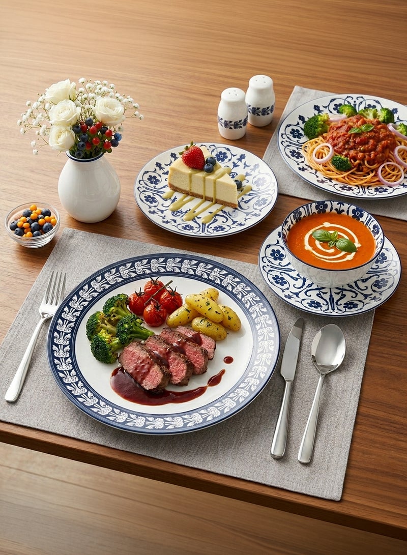Shallow JAZY Porcelain 12 Pc Dinner Set White | Blue Floral Pattern Dinner Plates Side Plates & Bowls Dishwasher & Microwave Safe|Tableware for Ramadan Iftar Family Dining, Restaurants - Image 5