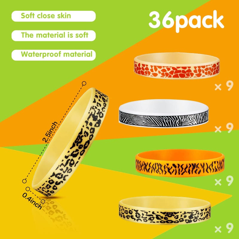 Skylety 36 Piece Animal Print Rubber Bracelets Safari Silicone Bracelets Animal Theme Rubber Bracelet Waterproof Wristband for Jungle Birthday Party Favors Goody Bag Supply Classroom Prize - Image 2