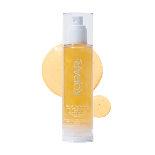 Kopari Sun Shield Body Glow Broad Spectrum SPF 50 Lightweight Shimmering Gel Texture Absorbs Quickly Non Sticky Glowing Results Gold 5 oz