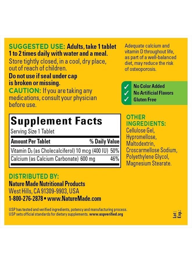 Nature Made - Calcium 600 mg with Vitamin D3, Dietary Supplement for Bone Support, 220 Tablets - Image 1