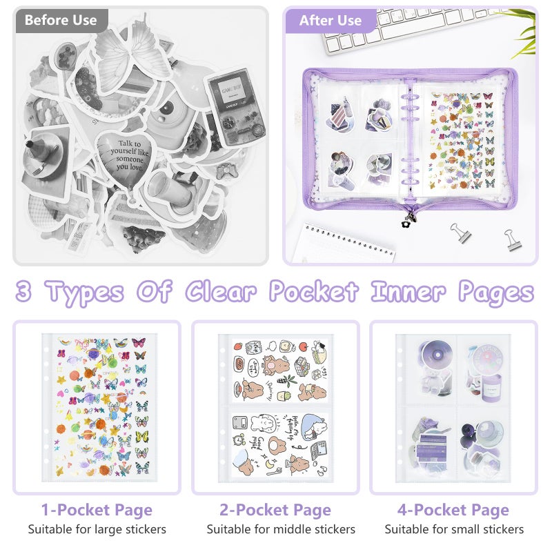 Ruatu Sticker Organizer Binder - Reusable Sticker Collecting Book Storage Album Holder with Pocket Pages A5 Zipper Cover Collection Container (Purple) - Image 3