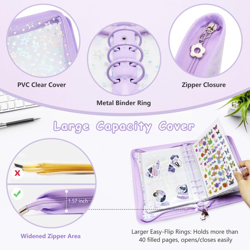 Ruatu Sticker Organizer Binder - Reusable Sticker Collecting Book Storage Album Holder with Pocket Pages A5 Zipper Cover Collection Container (Purple) - Image 2