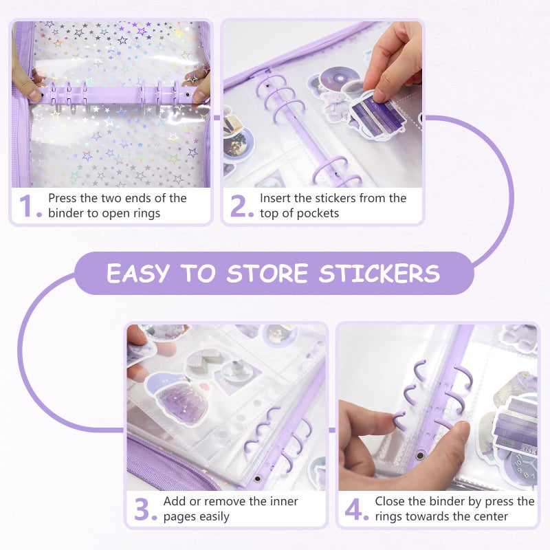 Ruatu Sticker Organizer Binder - Reusable Sticker Collecting Book Storage Album Holder with Pocket Pages A5 Zipper Cover Collection Container (Purple) - Image 4