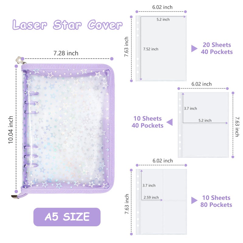 Ruatu Sticker Organizer Binder - Reusable Sticker Collecting Book Storage Album Holder with Pocket Pages A5 Zipper Cover Collection Container (Purple) - Image 5