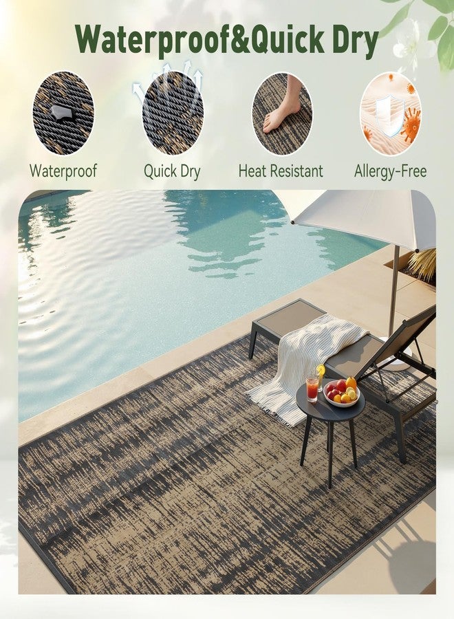 MontVoo Outdoor Rug Waterproof 6x9 ft Outdoor Carpet Patio Rug Mat Reversible RV Camping Rug Plastic Straw Outside Rug for Balcony Porch Deck Picnic Beach Modern Black Brown - Image 2