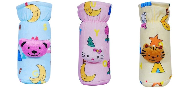 Alya The Cheeky Kidzz Stretchable Soft Velvet Plush Attractive Overall Cartoon Prints Baby Feeding Bottle Cover with Holding Strap Suitable for 150ml 220ml 240ml 250ml Feeding Bottles(Pack of 3;BLUE,PINK,YELLOW) - Image 1
