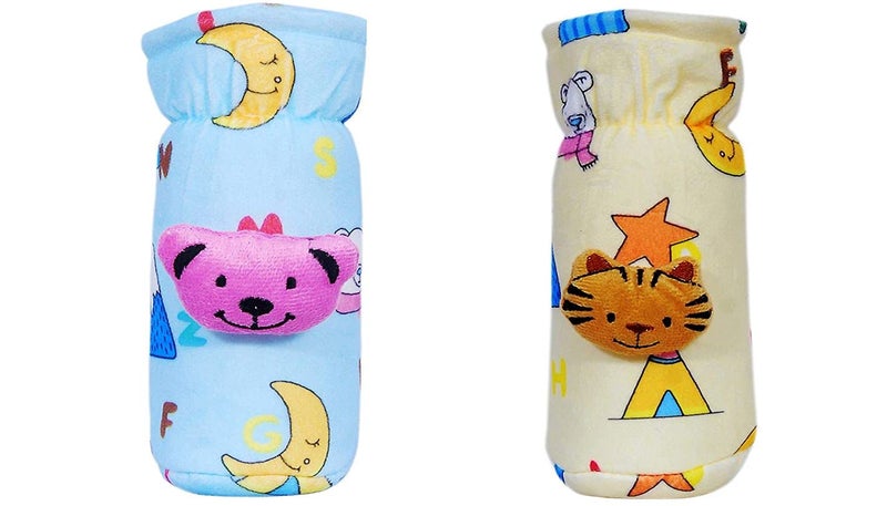 Alya The Cheeky Kidzz Stretchable Soft Velvet Plush Attractive Overall Cartoon Prints Baby Feeding Bottle Cover with Holding Strap Suitable for 150ml 220ml 240ml 250ml Feeding Bottles(Pack of 3;BLUE,PINK,YELLOW) - Image 2