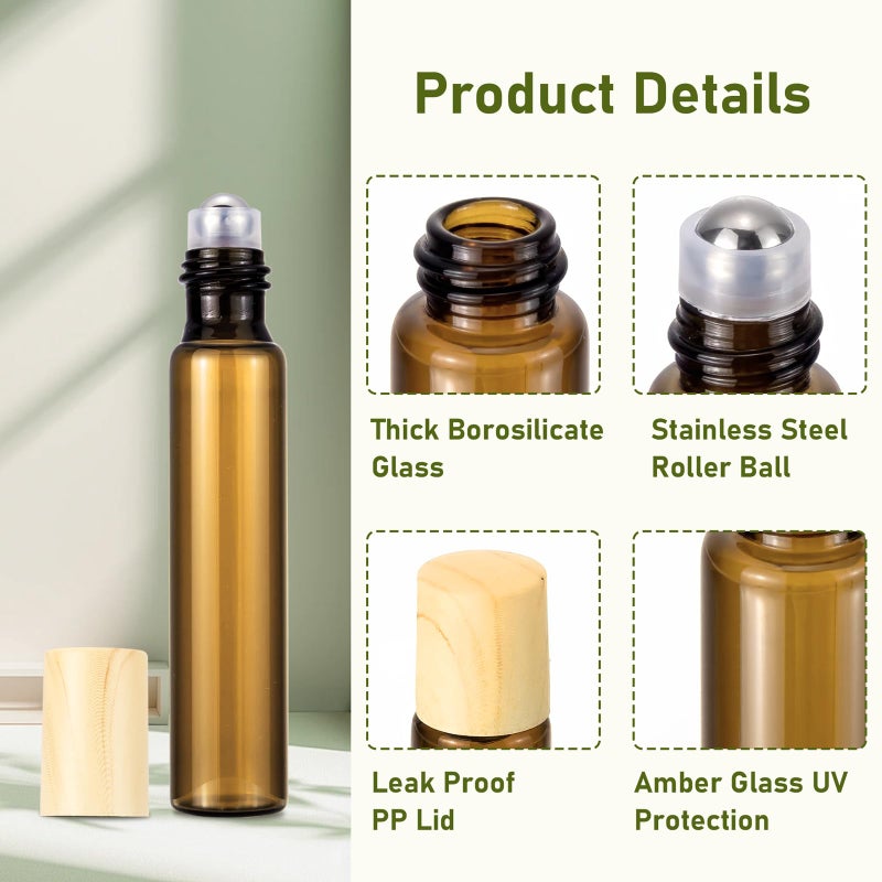 Newzoll 10mL(1/3 Oz) Amber Glass Roll On Bottles, 8 Pack Leak Proof Refillable Roller Bottles for Essential Oils, Perfume, DIY Craft, Samples, Eye Roller, Travel Portable - Image 4