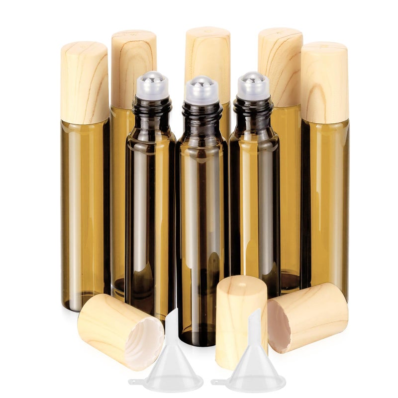 Newzoll 10mL(1/3 Oz) Amber Glass Roll On Bottles, 8 Pack Leak Proof Refillable Roller Bottles for Essential Oils, Perfume, DIY Craft, Samples, Eye Roller, Travel Portable - Image 1