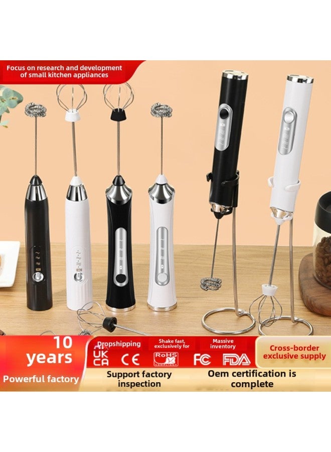 Handheld Electric Milk Frother Coffee Mixer Portable Rechargeable Milk Frother-Color:J-5 Simple Version 3 Mixing Heads White  - Image 2