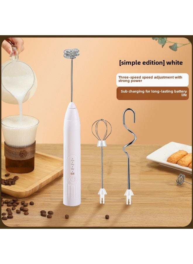 Handheld Electric Milk Frother Coffee Mixer Portable Rechargeable Milk Frother-Color:J-5 Simple Version 3 Mixing Heads White  - Image 1