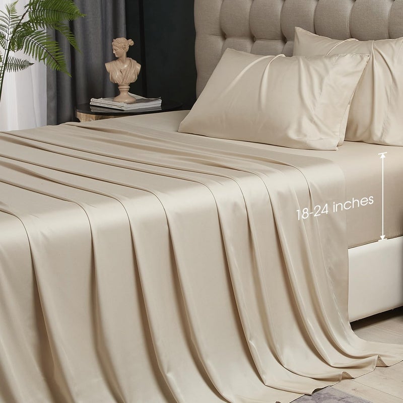 HYPREST Beige Queen Sheets  Rayon from Bamboo Silk Soft Breathable Luxury Cooling Sheets No Sweat Deep Pocket Fits 1824 Mattress