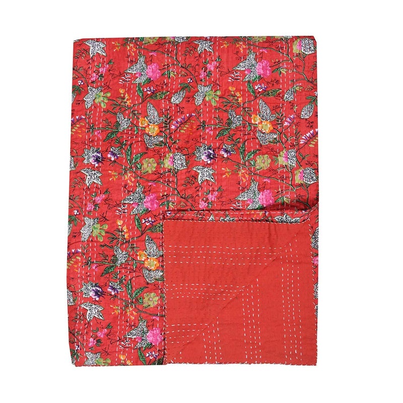 Textile art لحاف قطن كانثا مزين بخط زهور تصميم فن النسيج جايفوري طباعة يدوي قطن كانثا مزدوج الحجم أحمر فارسي حجم توأم متعدد - Image 1