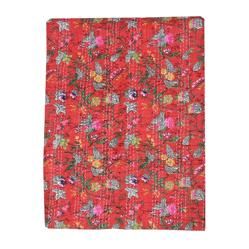 Textile art لحاف قطن كانثا مزين بخط زهور تصميم فن النسيج جايفوري طباعة يدوي قطن كانثا مزدوج الحجم أحمر فارسي حجم توأم متعدد - Image 3
