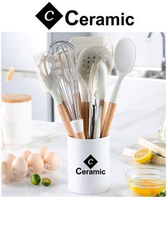CERAMIC Kitchen Cooking Utensils Set 14 Non-Stick Silicone Cooking Spatula Set with Holder Wooden Handle Silicone  Gadgets Utensil Set for Nonstick Cookware White  - Image 2