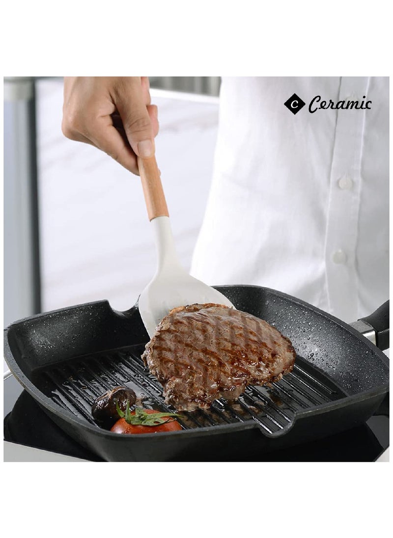 CERAMIC - Kitchen Cooking Utensils Set 14 Non-Stick Silicone Cooking Spatula Set with Holder Wooden Handle Silicone  Gadgets Utensil Set for Nonstick Cookware White - Image 1