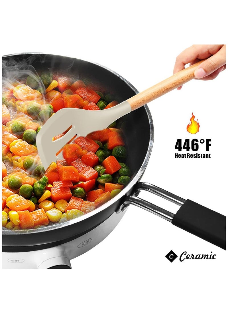 CERAMIC - Kitchen Cooking Utensils Set 14 Non-Stick Silicone Cooking Spatula Set with Holder Wooden Handle Silicone  Gadgets Utensil Set for Nonstick Cookware White - Image 1
