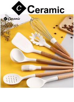 CERAMIC Kitchen Cooking Utensils Set 14 Non-Stick Silicone Cooking Spatula Set with Holder Wooden Handle Silicone  Gadgets Utensil Set for Nonstick Cookware White  - Image 4
