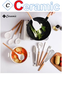 CERAMIC Kitchen Cooking Utensils Set 14 Non-Stick Silicone Cooking Spatula Set with Holder Wooden Handle Silicone  Gadgets Utensil Set for Nonstick Cookware White  - Image 5